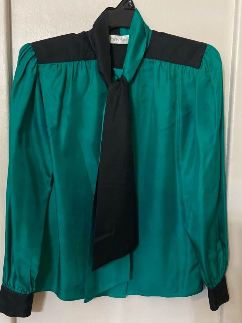 Green Silk Tie-Neck Blouse with Black Accents